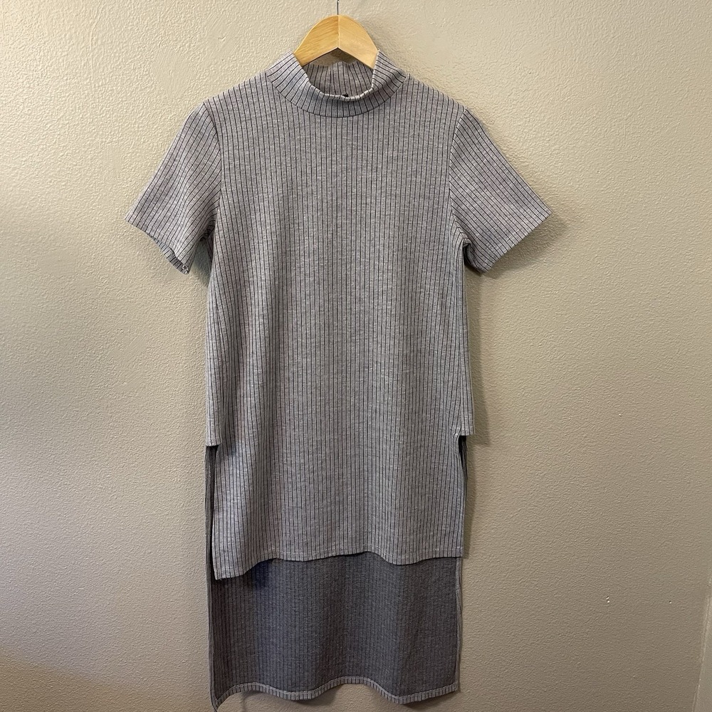 Zara Trafaluc Pinstripe High Low Tunic Dress Mock Neck Minimalist Grunge Size M
